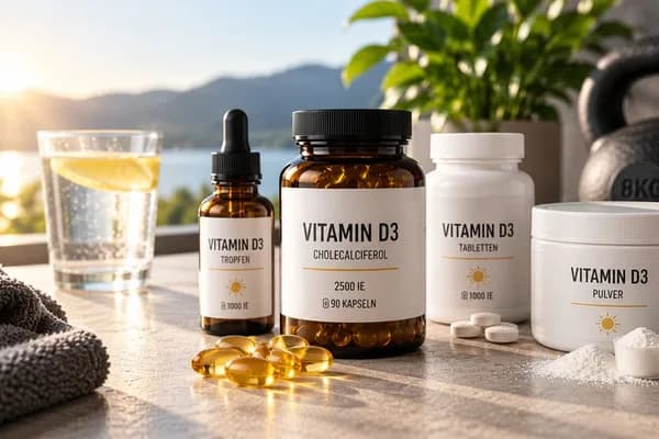 Vitamin D3 Vergleich: Kapseln, Tropfen, Tabletten und Pulver verschiedener Darreichungsformen in einer sonnigen Wellness- und Fitnessumgebung